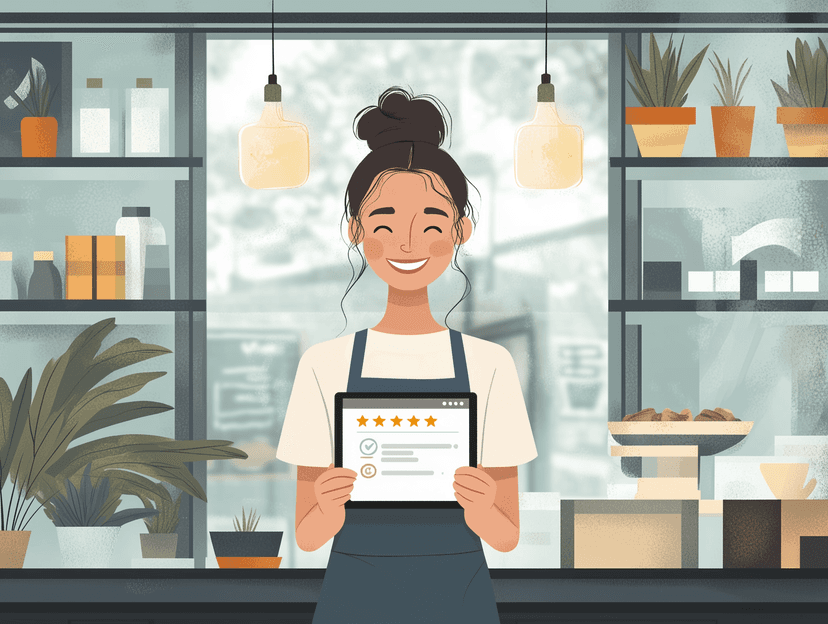 Business owner smiling while viewing 5-star reviews on a tablet