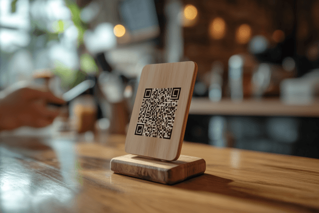 QR code stand on a cafe counter